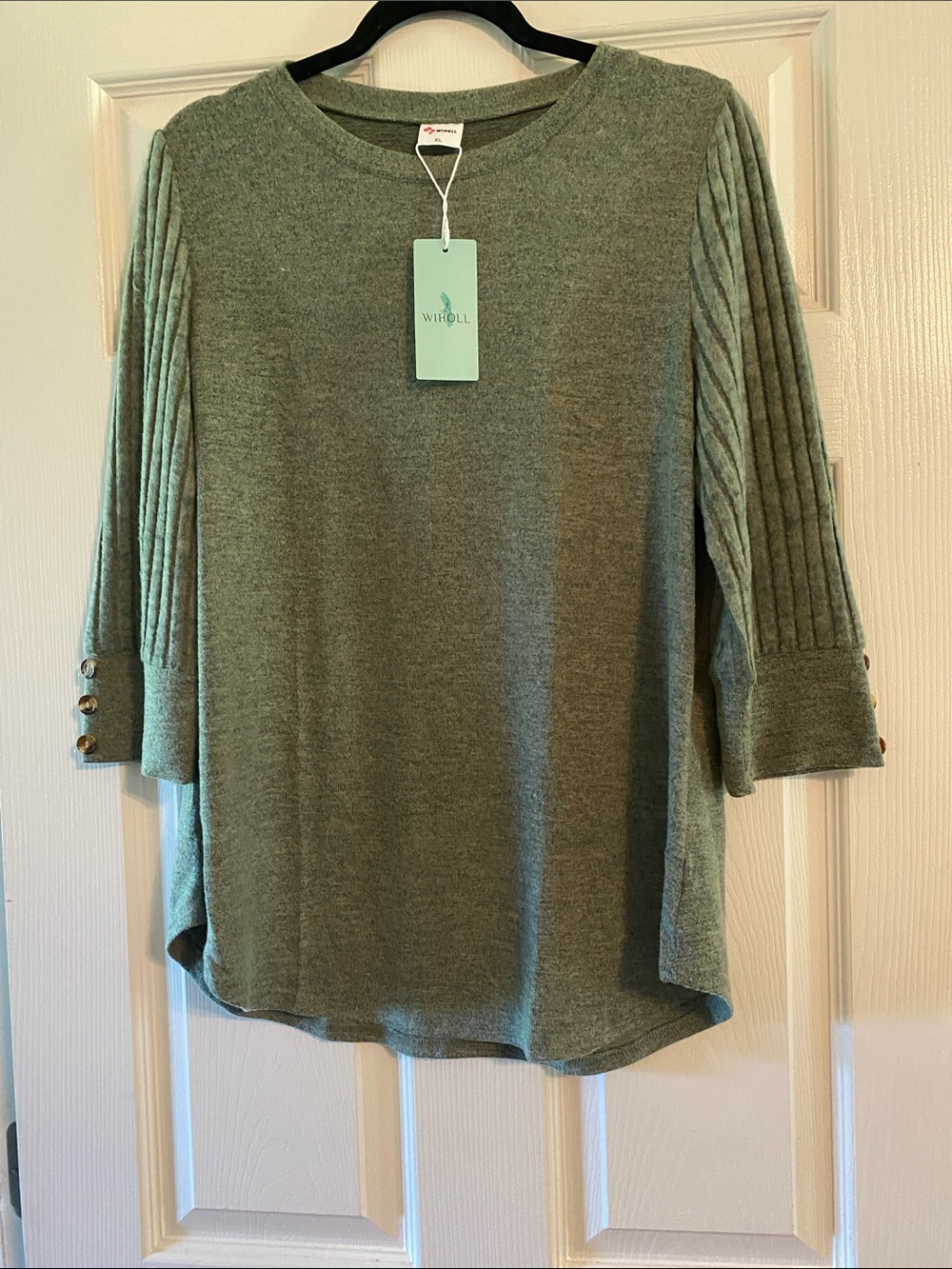 Wiholl Olive Green Ribbed-Sleeve Lightweight Pullover